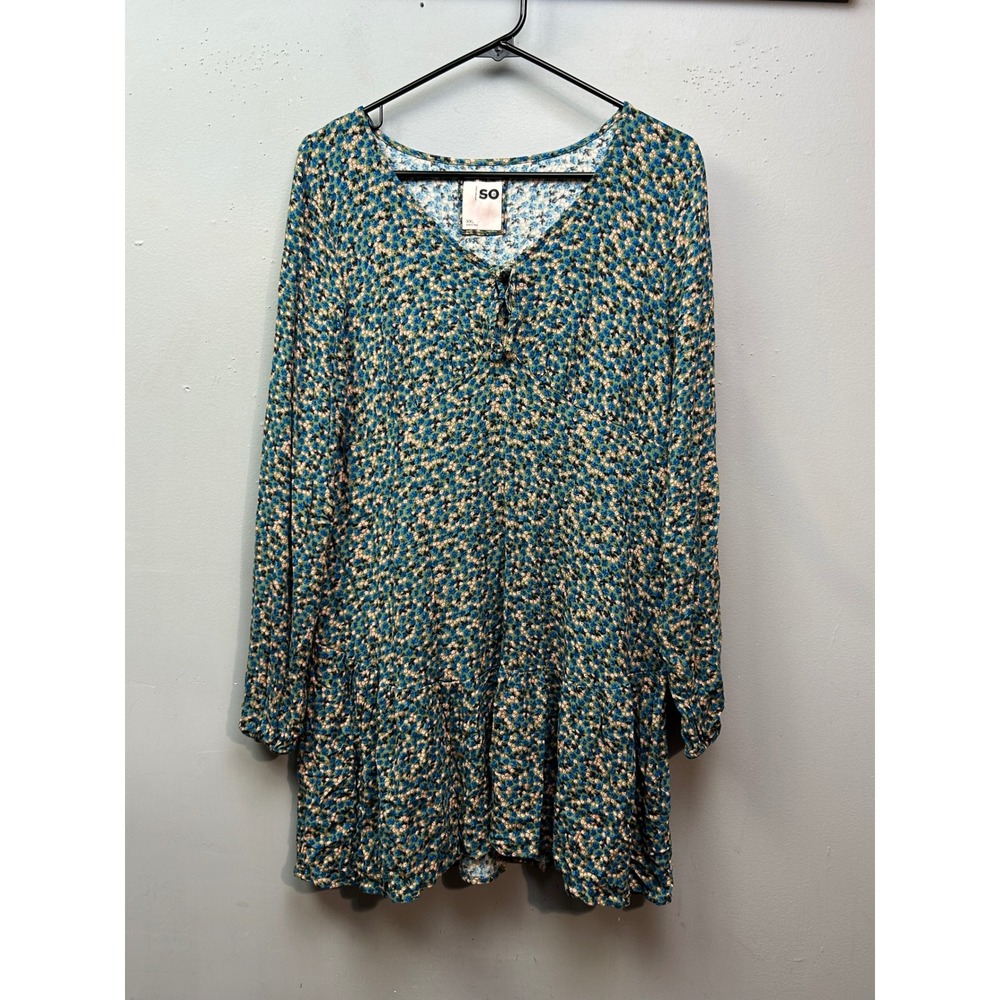 SO Dress Womens XXL Blue Floral V-Neck Tie Front Long Sleeve Tiered Boho Mini